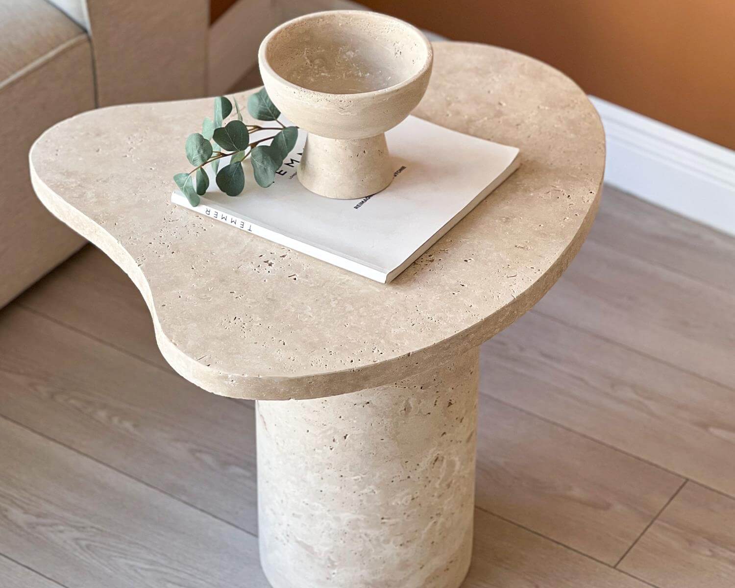 Handcrafted Round Travertine Side Table for Contemporary Interior