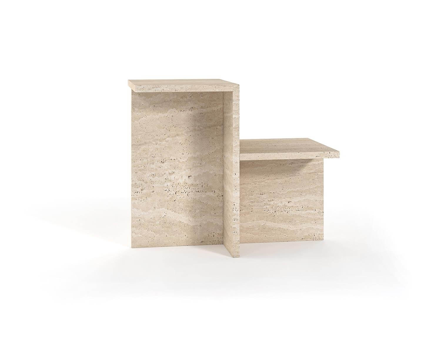 Elegant Travertine Table with Integrated Side Tier for Decor Display